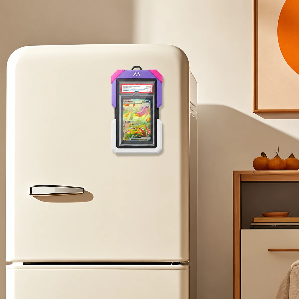 Outdoor Hard Case holding a graded card on a fridge door