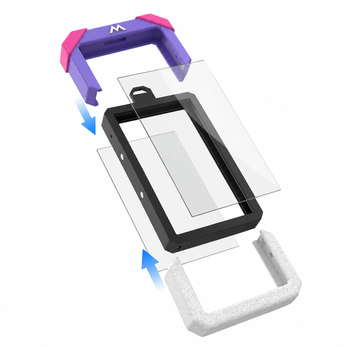 Exploded view of the Outdoor Hard Case: top cap, frame, two tempered glass panels and bottom cap