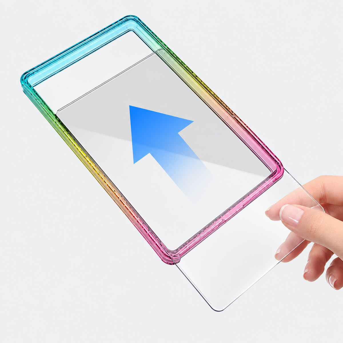The clear acrylic cover sliding into the case frame
